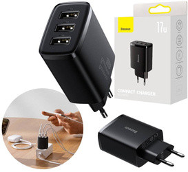 Baseus Compact ładowarka sieciowa 3x USB 17W czarny (CCXJ020101)