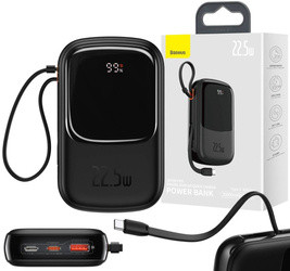 Baseus Qpow Digital Display powerbank z szybkim ładowaniem 20000mAh 22,5W QC/PD/SCP/FCP z wbudowanym kablem USB-C czarny