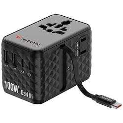 Verbatim, Uniwersalny adapter podróżny Charge ,n, Travel 2x USB-C, 2X USB-A + 1x zintegrowany kabel USB-C, czarna, 100 W