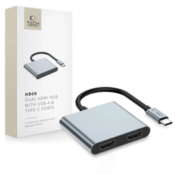 Adapter Tech-Protect HB08 4w1 USB-C + USB2.0 + 2 x HDMI 4K 60HZ - szary
