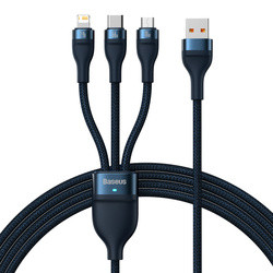 Baseus Flash Series Ⅱ kabel 3w1 z szybkim ładowaniem USB-A do USB-C / Micro-USB / Lightning 66W 480Mb/s 1.2m niebieski