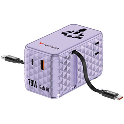 Verbatim, Uniwersalny adapter podróżny Charge ,n, Travel 1x USB-C, 1X USB-A + 2x zintegrowane kable USB-C, fioletowy, 70 W