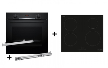 Zestaw piekarnik BOSCH HBA514BB3 + prowadnice teleskopowe BOSCH HEZ538000 + płyta indukcyjna BOSCH PUE611BB5E