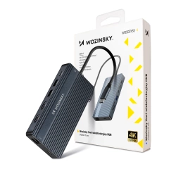 Wozinsky WDS03Y5S Hub USB-C 14w1 Wielofunkcyjny aluminiowy do 3 monitorów z kablem 15cm szary