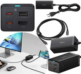 Baseus szybka ładowarka sieciowa GaN5 Pro HUB HDMI 2 x USB-C / USB-A / HDMI 4K 30Hz 1,5m czarna + kabel USB-C - USB-C 100W 40Gb/s (USB4) 1m (CCGP110201)