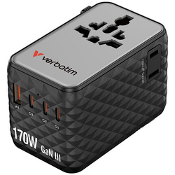 Verbatim, Uniwersalny adapter podróżny Charge ,n, Travel 2x USB-C, 2X USB-A + 1x zintegrowany kabel USB-C, czarna, 170 W