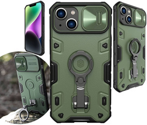 Nillkin CamShield Armor Pro Case etui iPhone 14 Plus pancerny pokrowiec z osłoną na aparat ring podstawka ciemnozielone