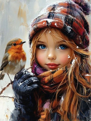 Diamentowa Mozaika Zima Dziewczynka z ptakiem NO-2003013