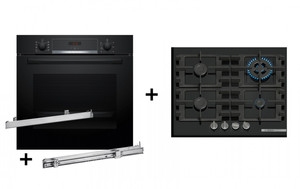 Zestaw piekarnik BOSCH HBA514BB3 + prowadnice teleskopowe BOSCH HEZ538000 + płyta gazowa BOSCH PNH6B6K40