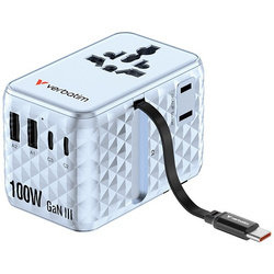 Verbatim, Uniwersalny adapter podróżny Charge ,n, Travel 2x USB-C, 2X USB-A + 1x zintegrowany kabel USB-C, niebieska, 100 W