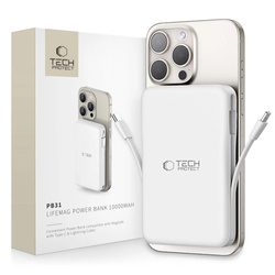 Powerbank Tech-Protect LifeMag PB31 z MagSafe 10000mAh 15W USB-C / USB-A / wbudowane kable USB-C / Lightning - biały