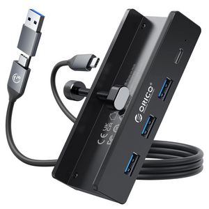 Orico Aktywny hub USB-C 5Gbps, 15W, przykręcany, 3x USB-A, USB-C, czarny
