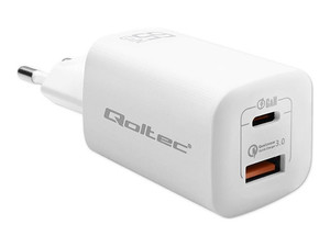 QOLTEC 50765 Ładowarka sieciowa 65W GaN ULTRA / 5-20V / 2.25 3.25A / 1 x USB typ C PD / 1 x USB QC 3.0 / Biała