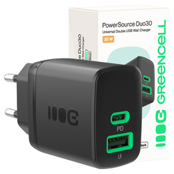 Greencell PowerSource Duo30 Czarna Ładowarka sieciowa 30W USB-C USB-A Power Delivery QC3.0- 1x USB-C, 1x USB-A