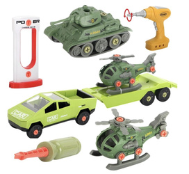 Samochód do montażu z przyczepą i helikopterem