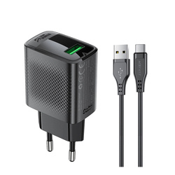 Ładowarka Acefast A90 sieciowa GaN USB-A QC 18W - czarna + kabel USB-A / USB-C