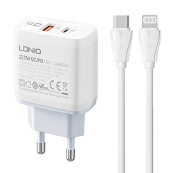 Ładowarka sieciowa LDNIO A2421C USB, USB-C 22.5W + kabel USB-C - Lightning