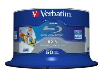 VERBATIM 43812 BluRay BD-R SL DATALIFE VerbatimSpindle 50 25GB 6x WIDE PRINTABLE NO ID