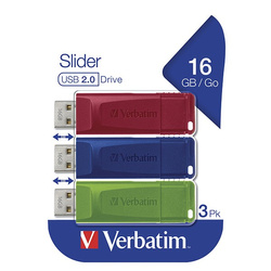 Verbatim USB flash disk, USB 2.0, 16GB, Slider, zielony, niebieski, czerwony, 49326, USB A, z wysuwanym złączem. 3 szt